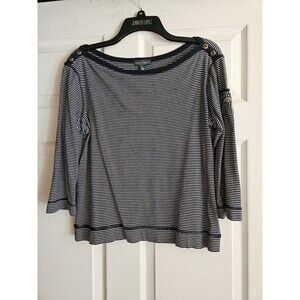 Lauren Ralph Lauren Pullover Knit Boat Neck Shirt Blue & White Stripe Large LRL